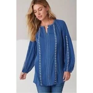J. Jill Blue Embroidered Peasant Blouse Long Sleeve Medium EUC
